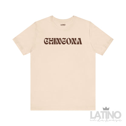 Chingona T-shirt with bold brown retro lettering on cream fabric LatinoInDaHouse 