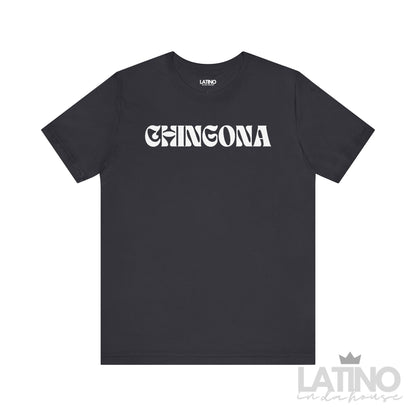 Chingona T-shirt with bold white retro lettering on dark grey fabric LatinoInDaHouse 