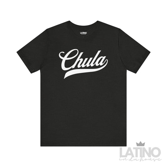 Chula T-shirt in white script on black heather fabric LatinoInDaHouse 