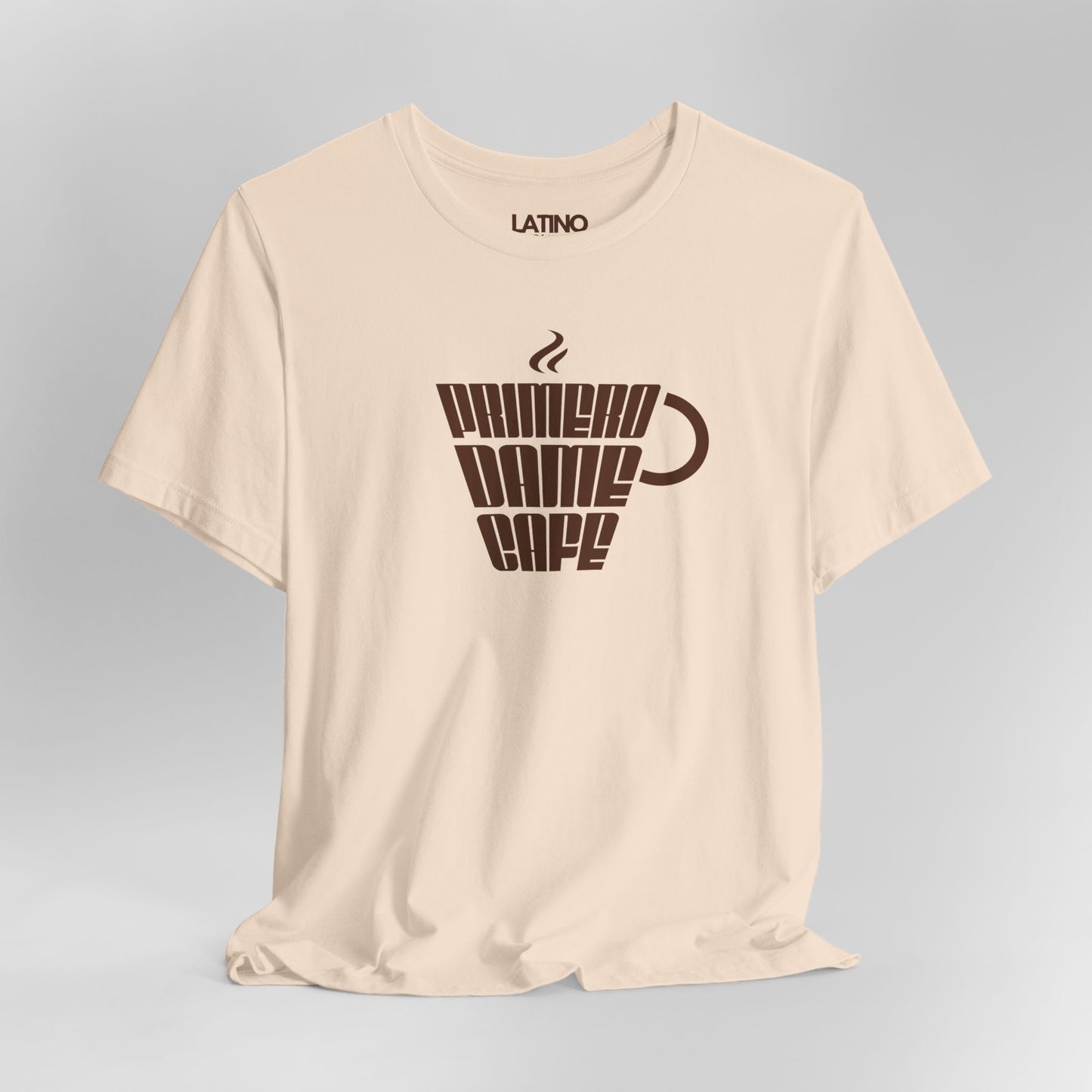 Close Up Primero Dame Cafe 1-Shirt in
soft cream with white stylized coffee cup
print - Latino In Da House
