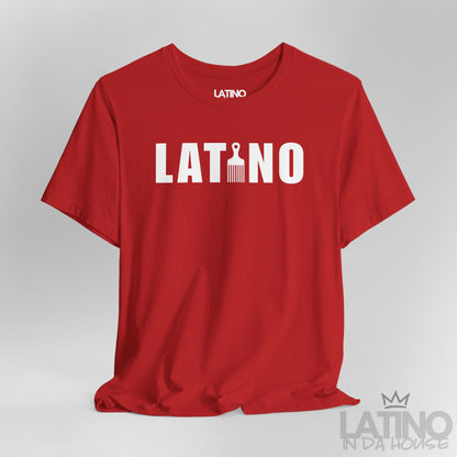Close Up Red AFRO LATINO Graphic Tee featuring cultural pick comb design.Latino In Da House 