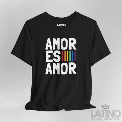 Close Up Amor Es Amor Core T-Shirt in black featuring bold white stacked text and rainbow accent. Latino In Da House