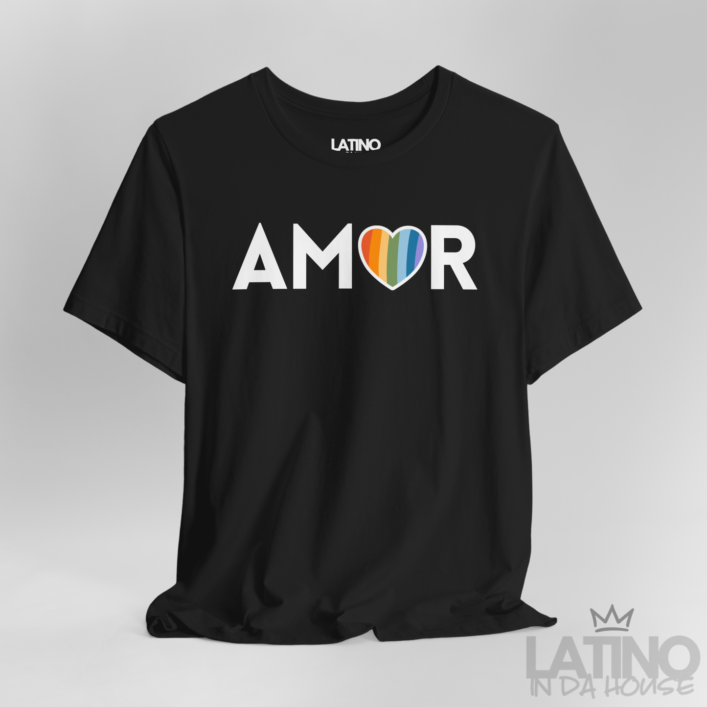 Close Up Black AMOR Pride Heart T-Shirt with rainbow heart O – minimalist LGBTQ+ tee. Latino In Da House 