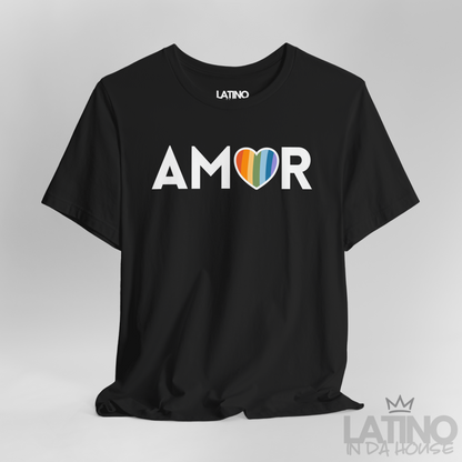Close Up Black AMOR Pride Heart T-Shirt with rainbow heart O – minimalist LGBTQ+ tee. Latino In Da House 
