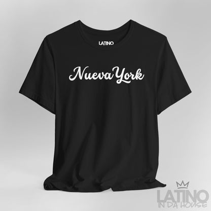 Close Up Nueva York black T-shirt with white script text, classic Latino lifestyle design. Latino In Da House 