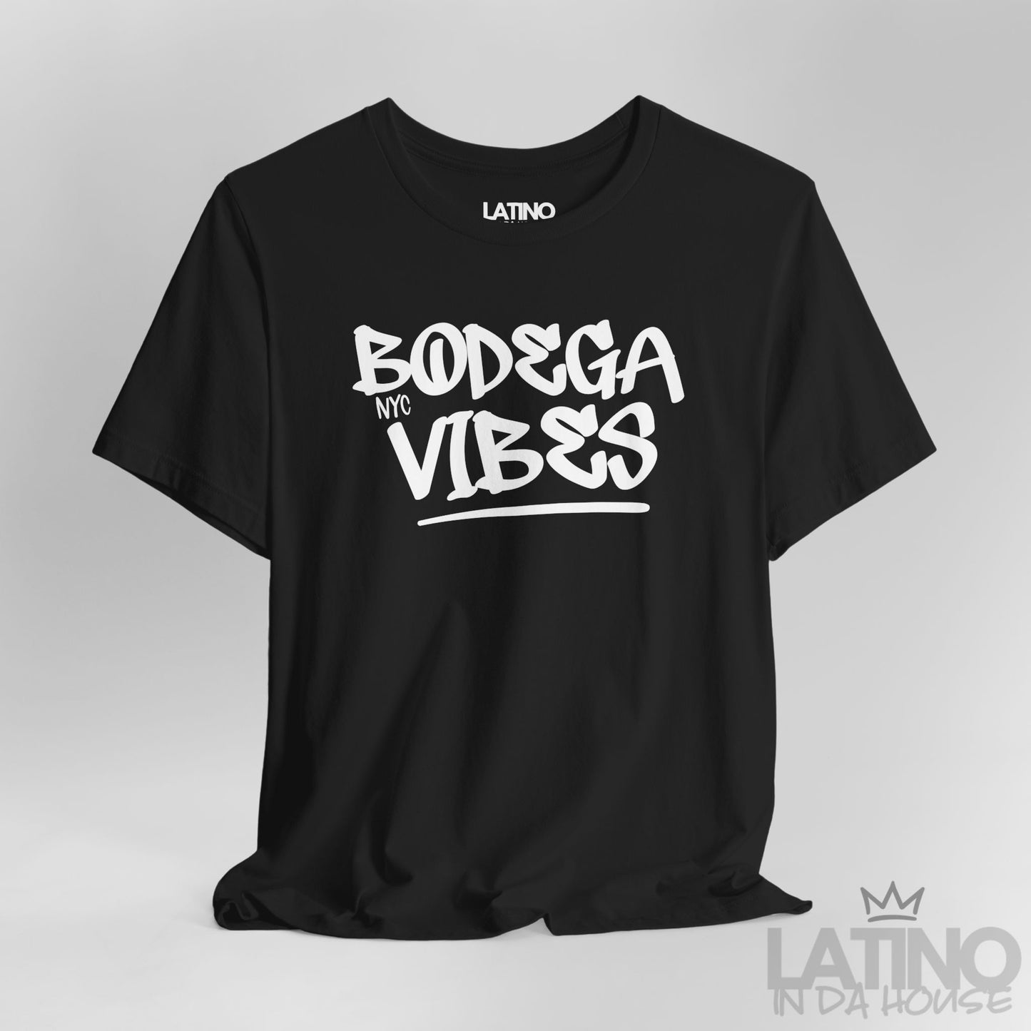 Close Up Bodega Vibes T-Shirt in Black — NYC graffiti lettering, soft unisex streetwear tee. Latino In Da House 