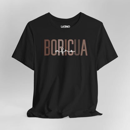 Close up Bold BORICUA black t-shirt, typography with a stylish “afro” script overlay. Latino In Da House
