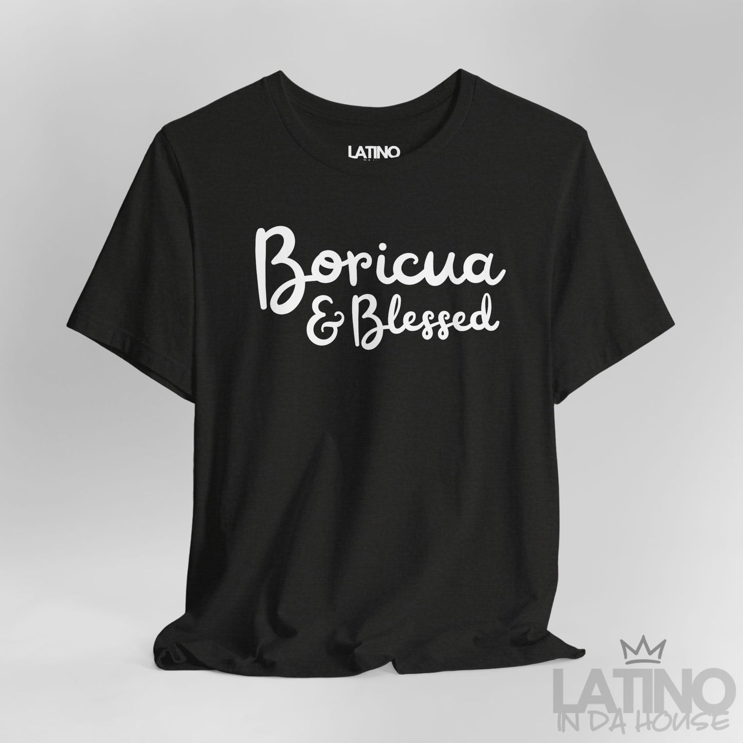 Close Up Black Heather ‘Boricua & Blessed’ T-shirt with white script text by Latino In Da House.