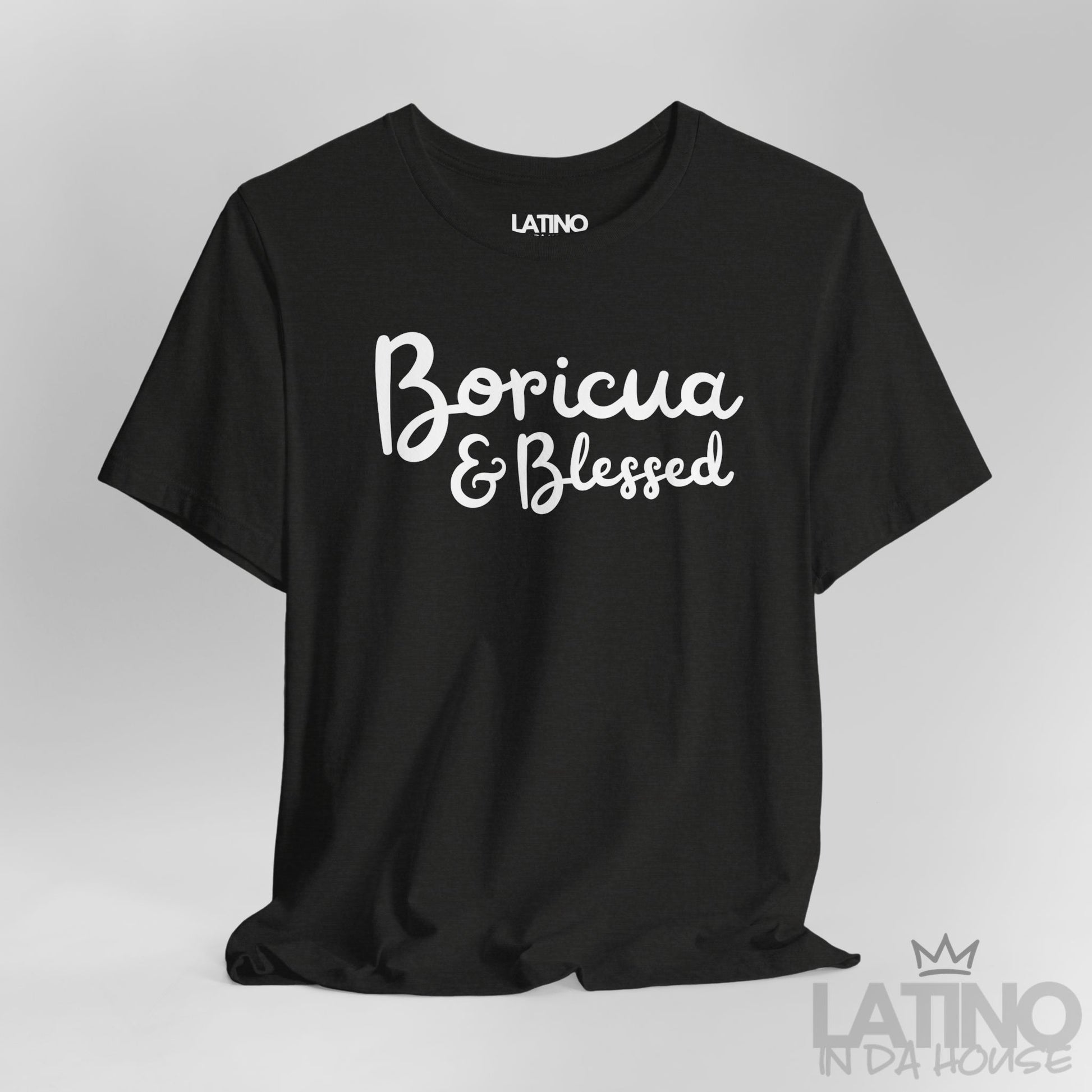 Close Up Black Heather ‘Boricua & Blessed’ T-shirt with white script text by Latino In Da House.