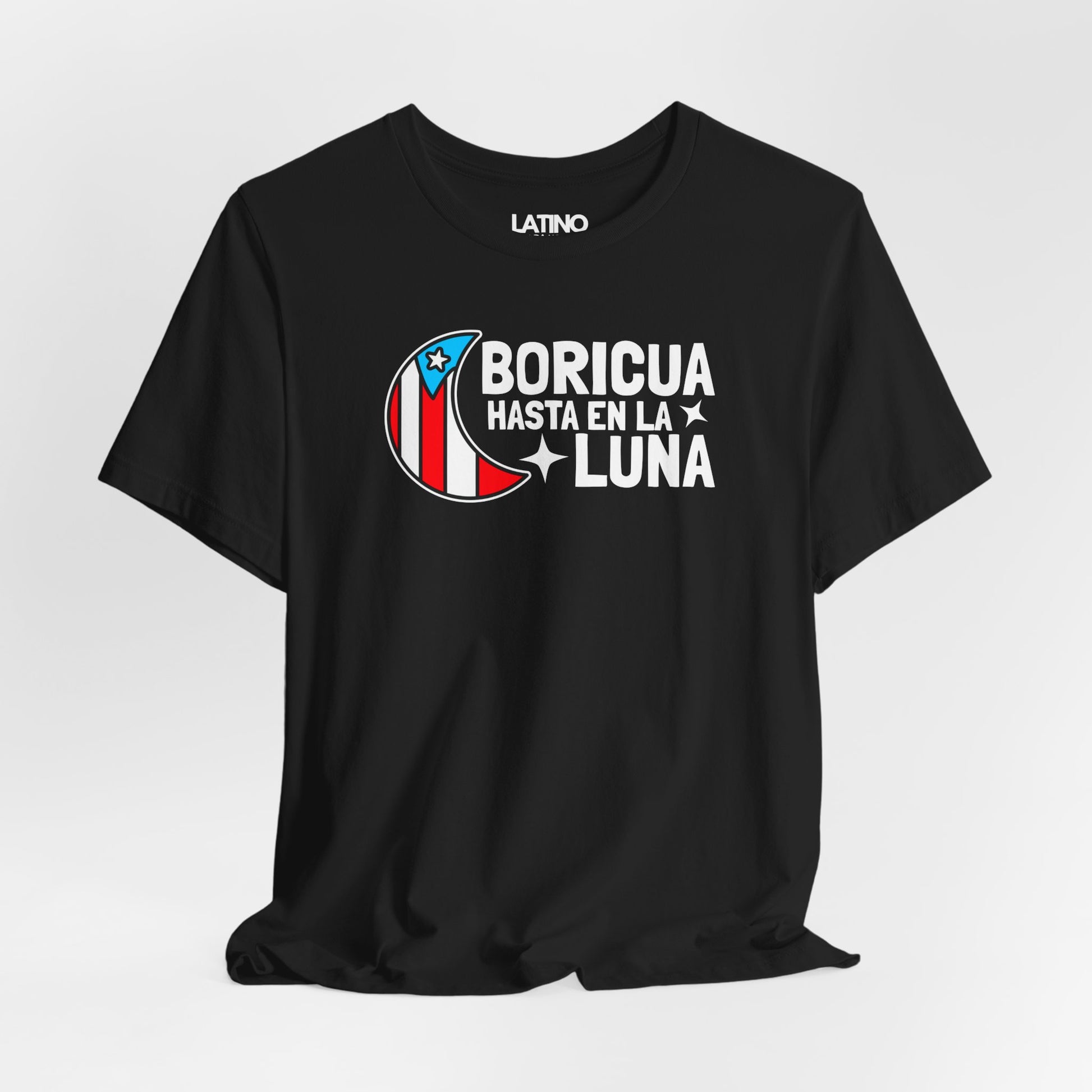 Close-up of Boricua Hasta en la Luna moon graphic with Puerto Rican flag
colors. Latino In Da House