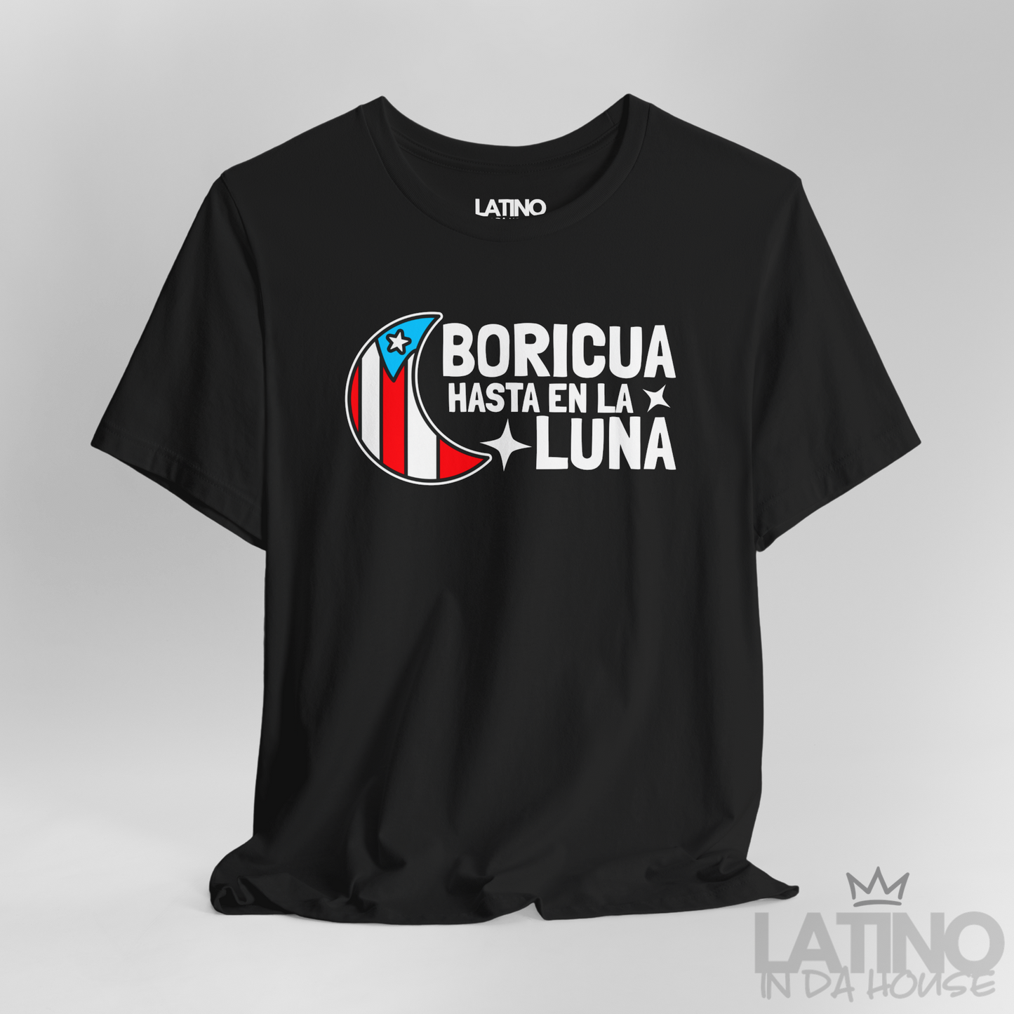 Close-up of Boricua Hasta en la Luna moon graphic with Puerto Rican flag colors. Latino In Da House 