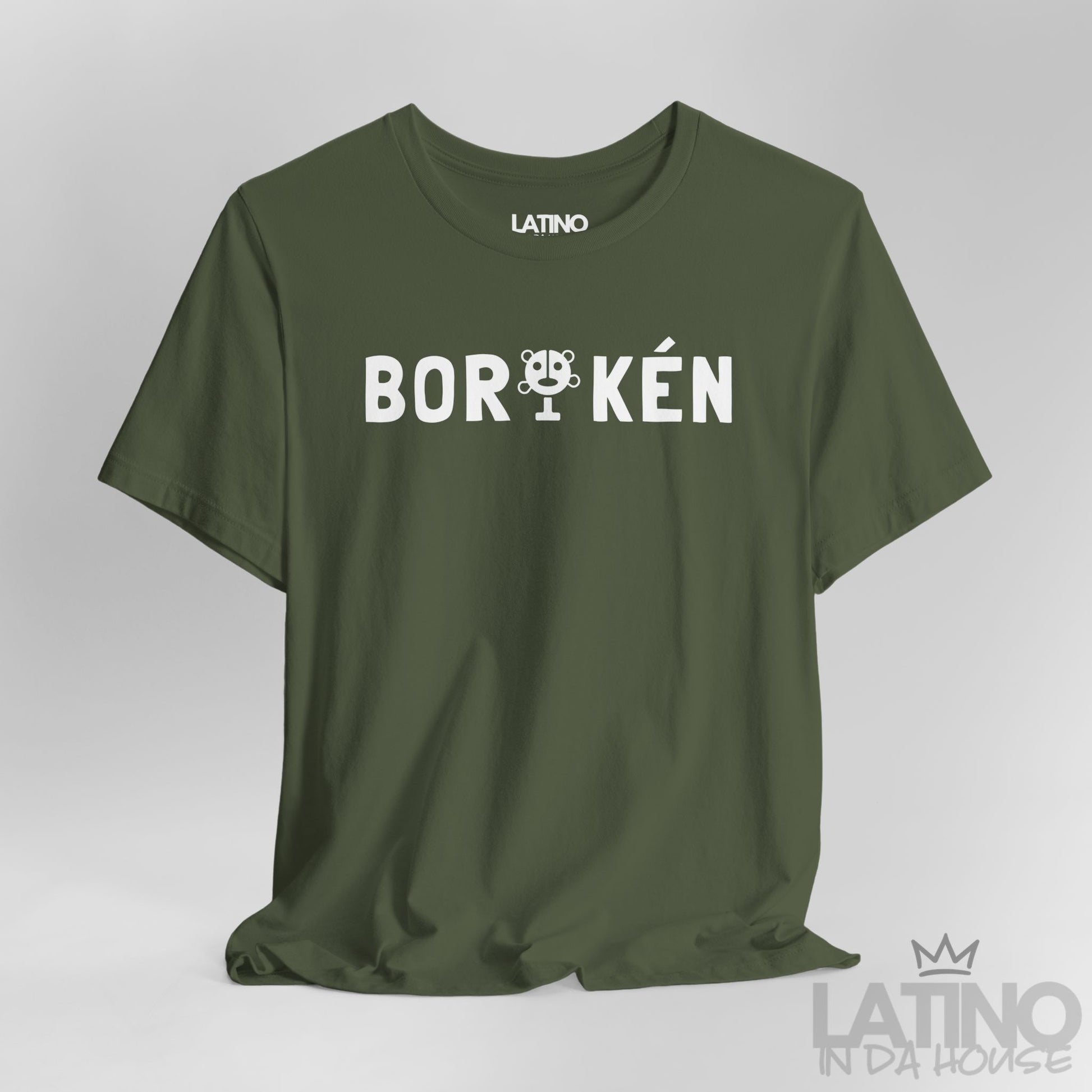 Close Up BORIKÉN T-Shirt in Military Green — white print with Taíno petroglyph detail. Latino In Da House