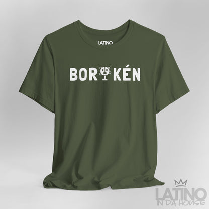 Close Up BORIKÉN T-Shirt in Military Green — white print with Taíno petroglyph detail. Latino In Da House