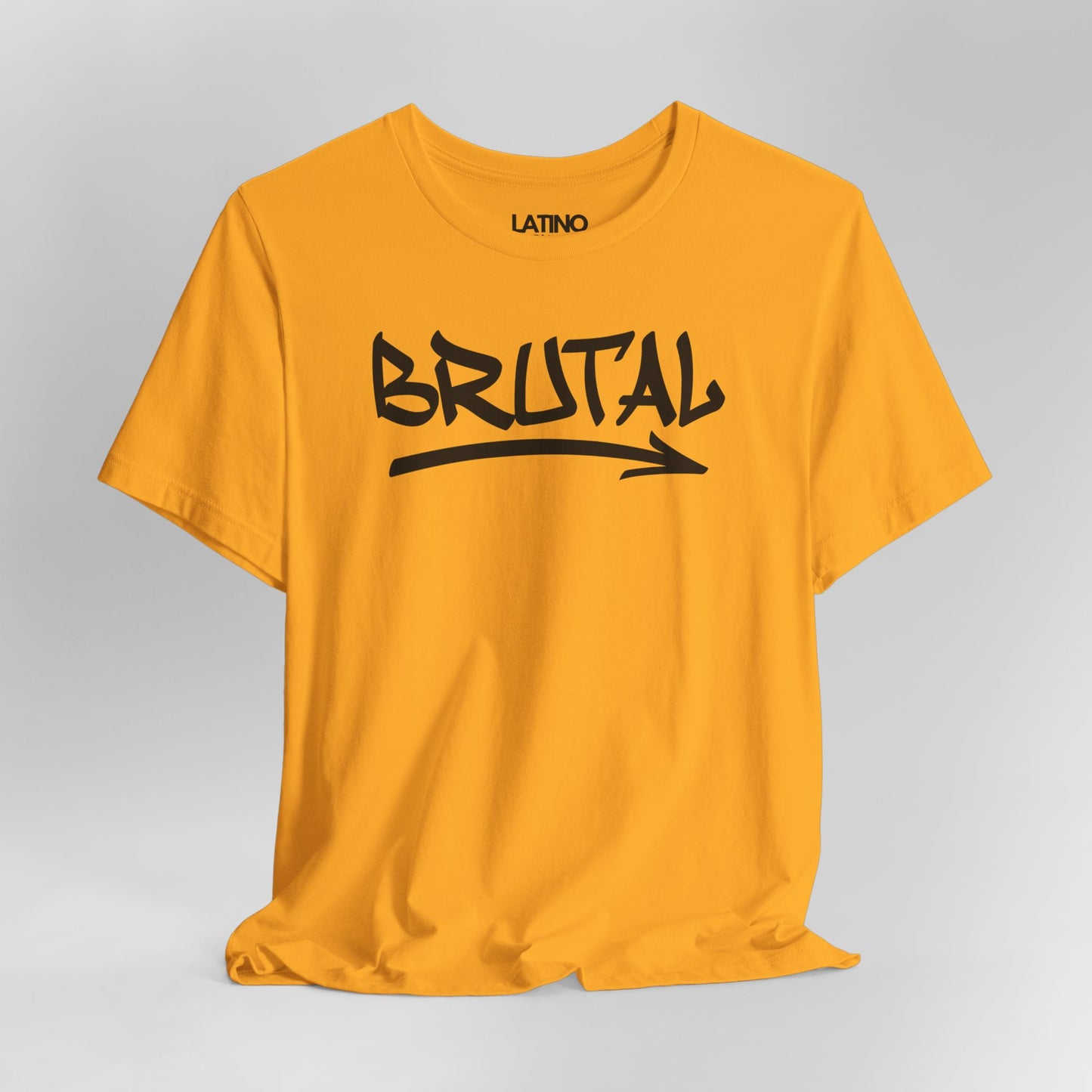 Close Up BRUTAL graffiti t-shirt in yellow gold with bold white lettering. Latino In Da House