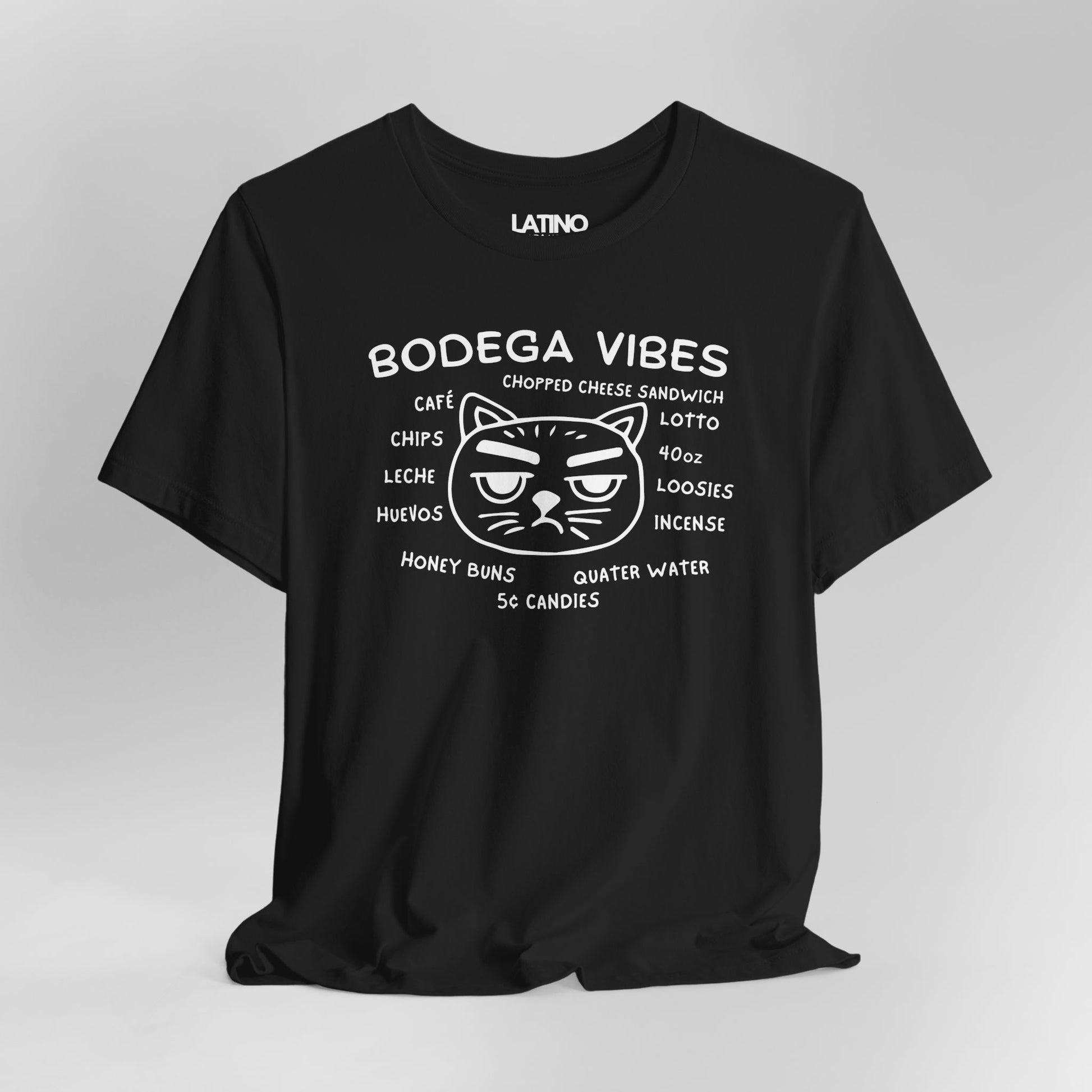 Close Up Bodega Vibes black T-shirt with grumpy cat graphic and NYC corner store items, Latino lifestyle streetwear. Latino In Da House