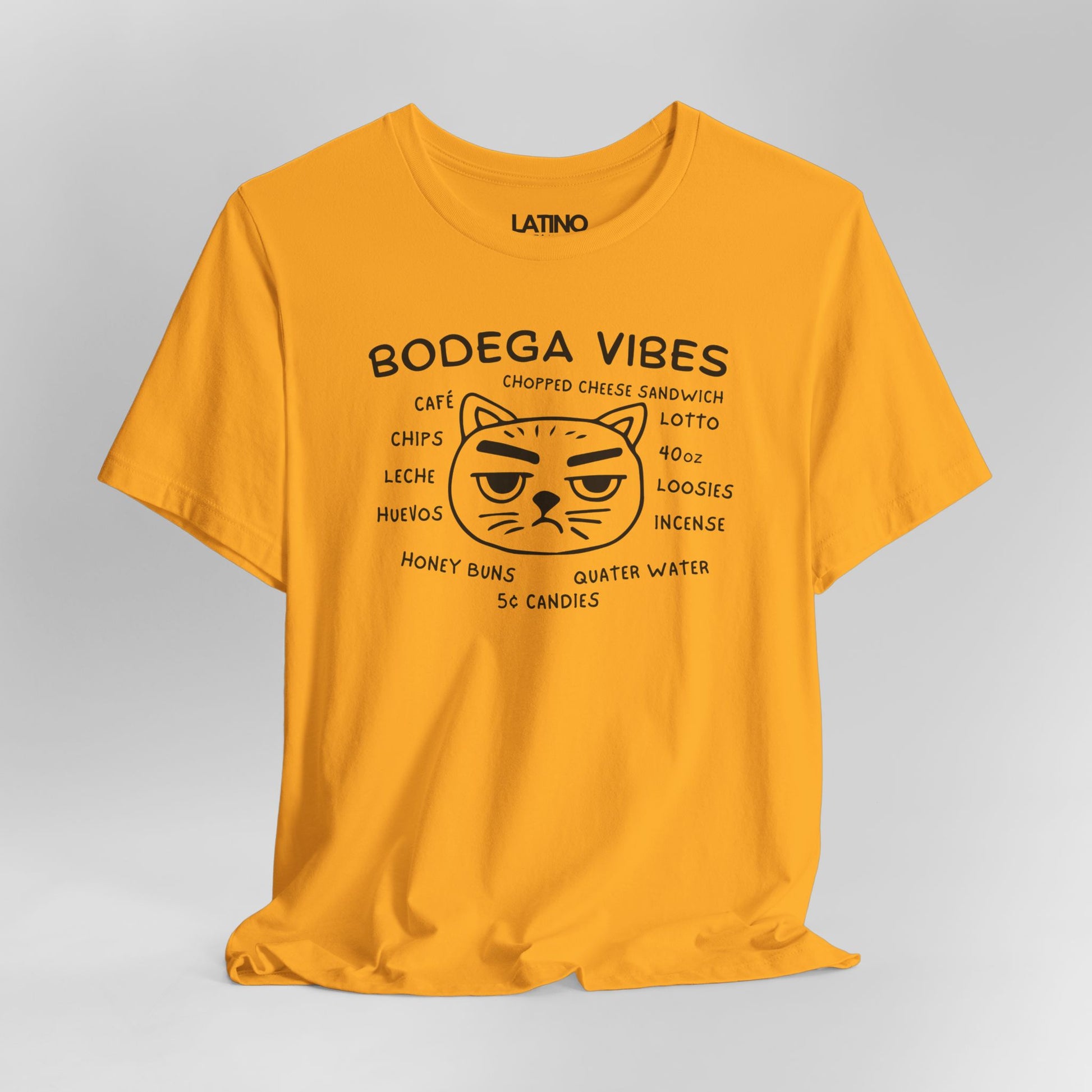 Close Up Bodega Vibes Yellow Gold T-shirt with grumpy cat graphic and NYC corner store items, Latino lifestyle streetwear. Latino In Da House