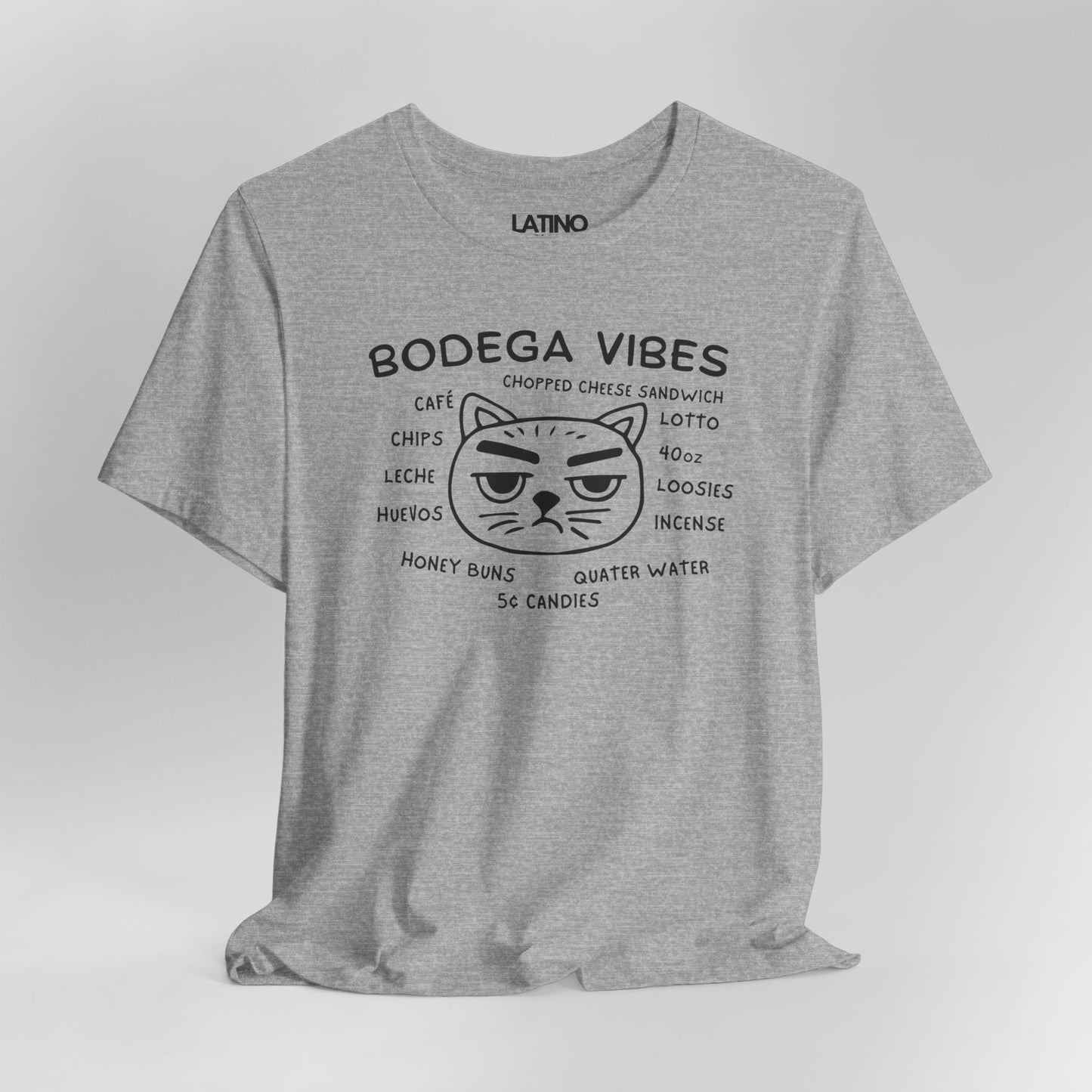 Close Up Bodega Vibes Heather Grey T-shirt with grumpy cat graphic and NYC corner store items, Latino lifestyle streetwear. Latino In Da House