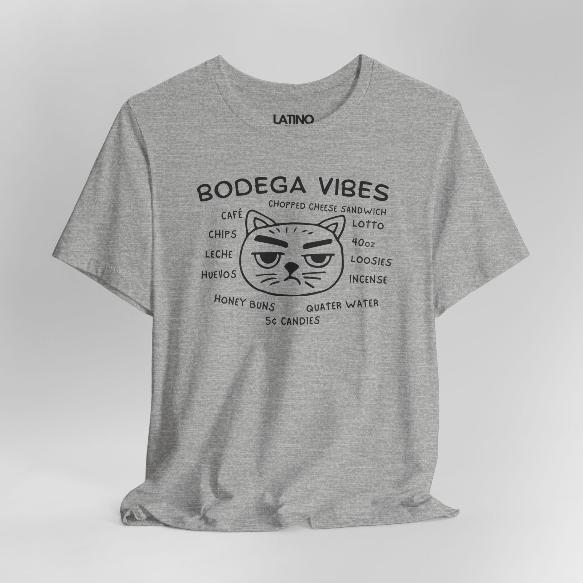 Close Up Bodega Vibes Heather Grey T-shirt with grumpy cat graphic and NYC corner store items, Latino lifestyle streetwear. Latino In Da House