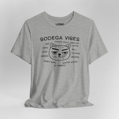 Close Up Bodega Vibes Heather Grey T-shirt with grumpy cat graphic and NYC corner store items, Latino lifestyle streetwear. Latino In Da House