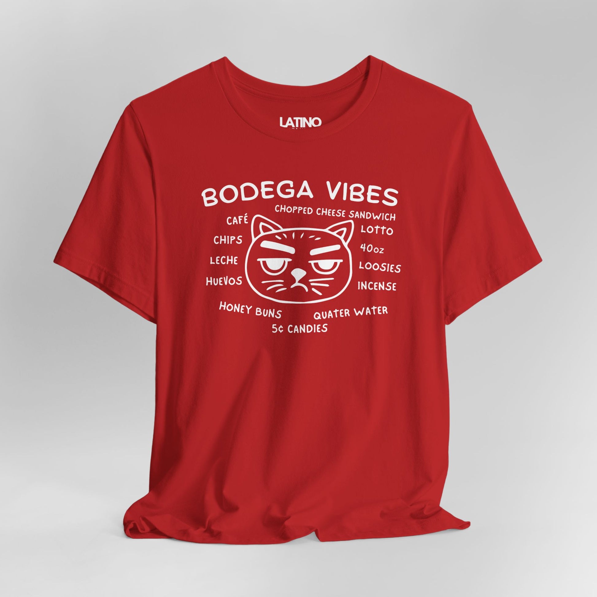 Close Up Bodega Vibes Red T-shirt with grumpy cat graphic and NYC corner store items, Latino lifestyle streetwear. Latino In Da House