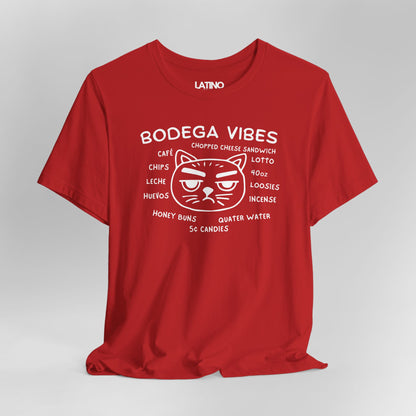 Close Up Bodega Vibes Red T-shirt with grumpy cat graphic and NYC corner store items, Latino lifestyle streetwear. Latino In Da House