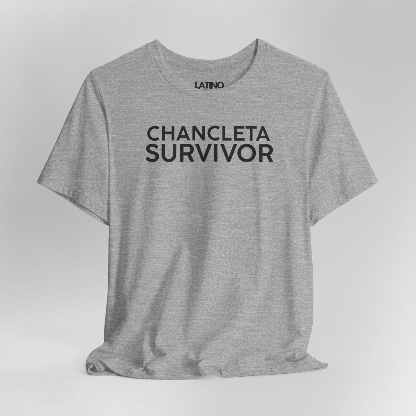 Close Up Chancleta Survivor T-Shirt in
Heather Grey - Latino humor tee
celebrating childhood memories. Latino In Da House