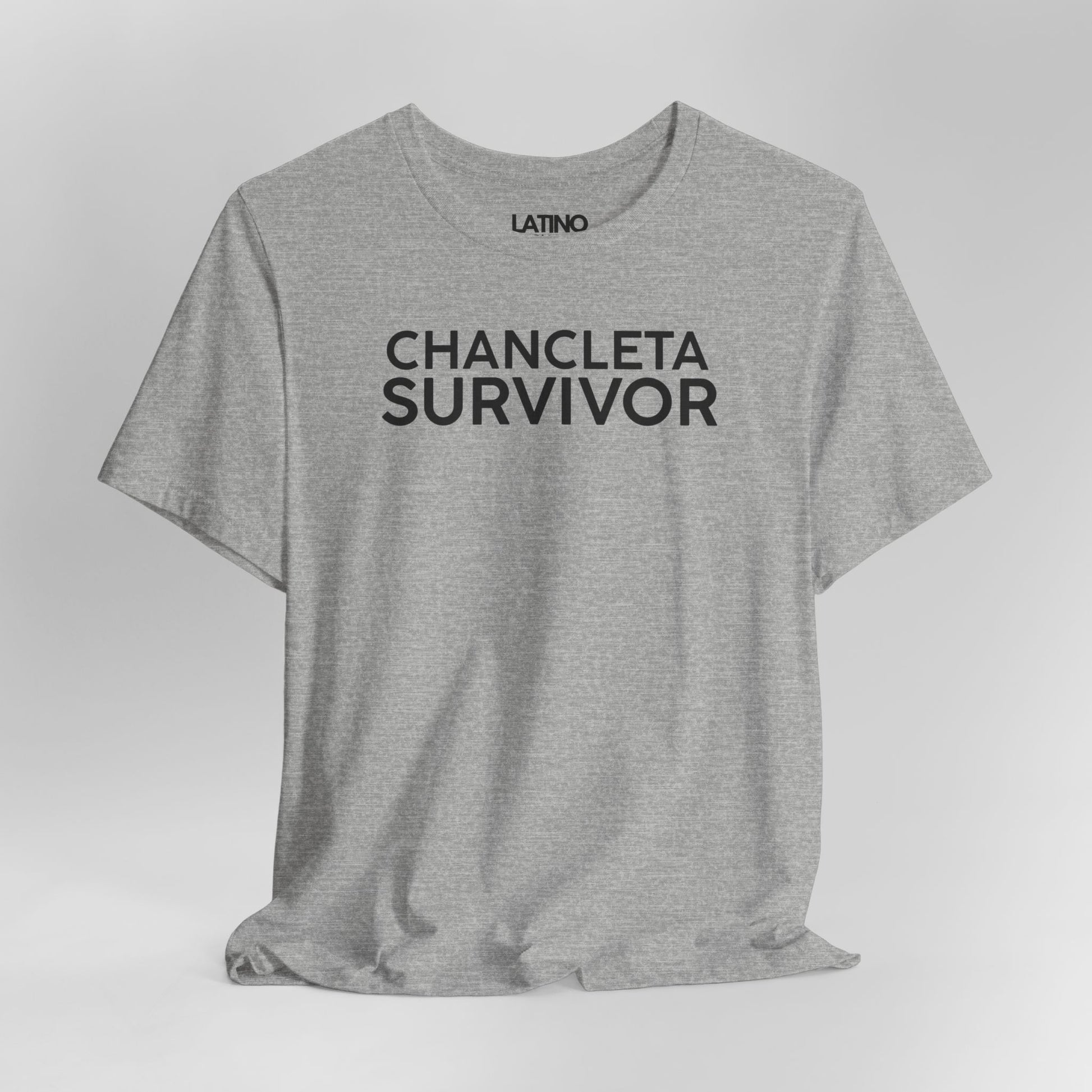 Close Up Chancleta Survivor T-Shirt in
Heather Grey - Latino humor tee
celebrating childhood memories. Latino In Da House