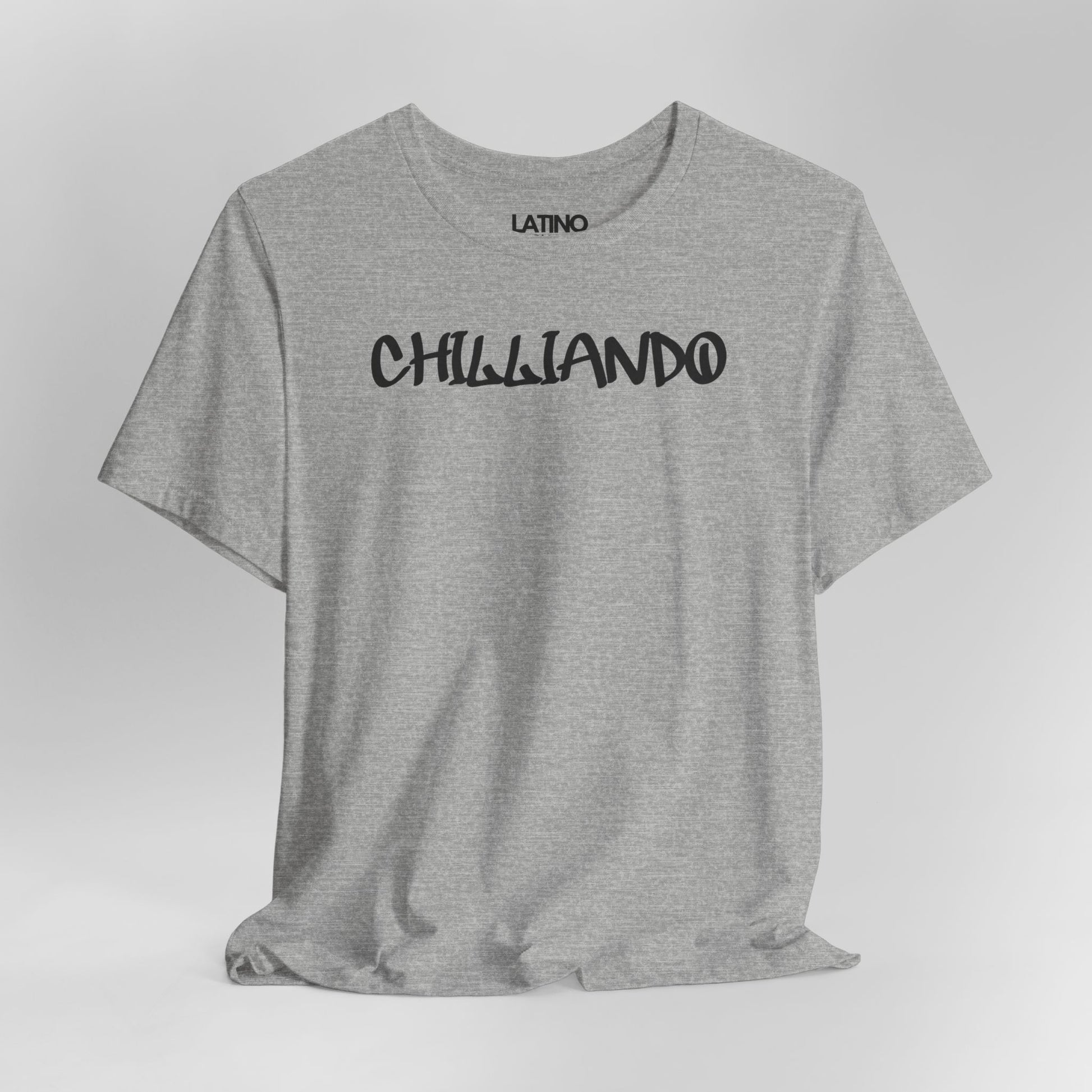 Close Up Chilliando t-shirt in heather grey
with black graffiti text. Latino In Da House