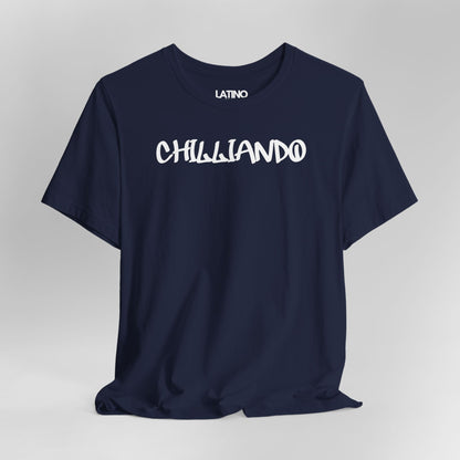 Close Up Chilliando t-shirt in navy with
white graffiti text. Latino In Da House
