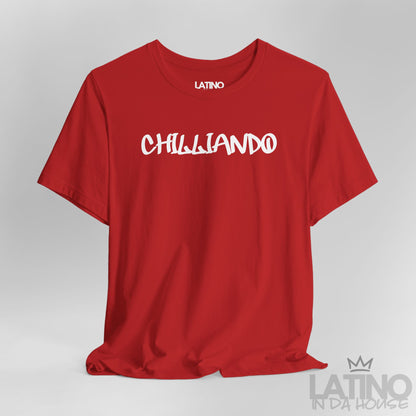 Close Up Chilliando t-shirt in red with white graffiti text. Latino In Da House 