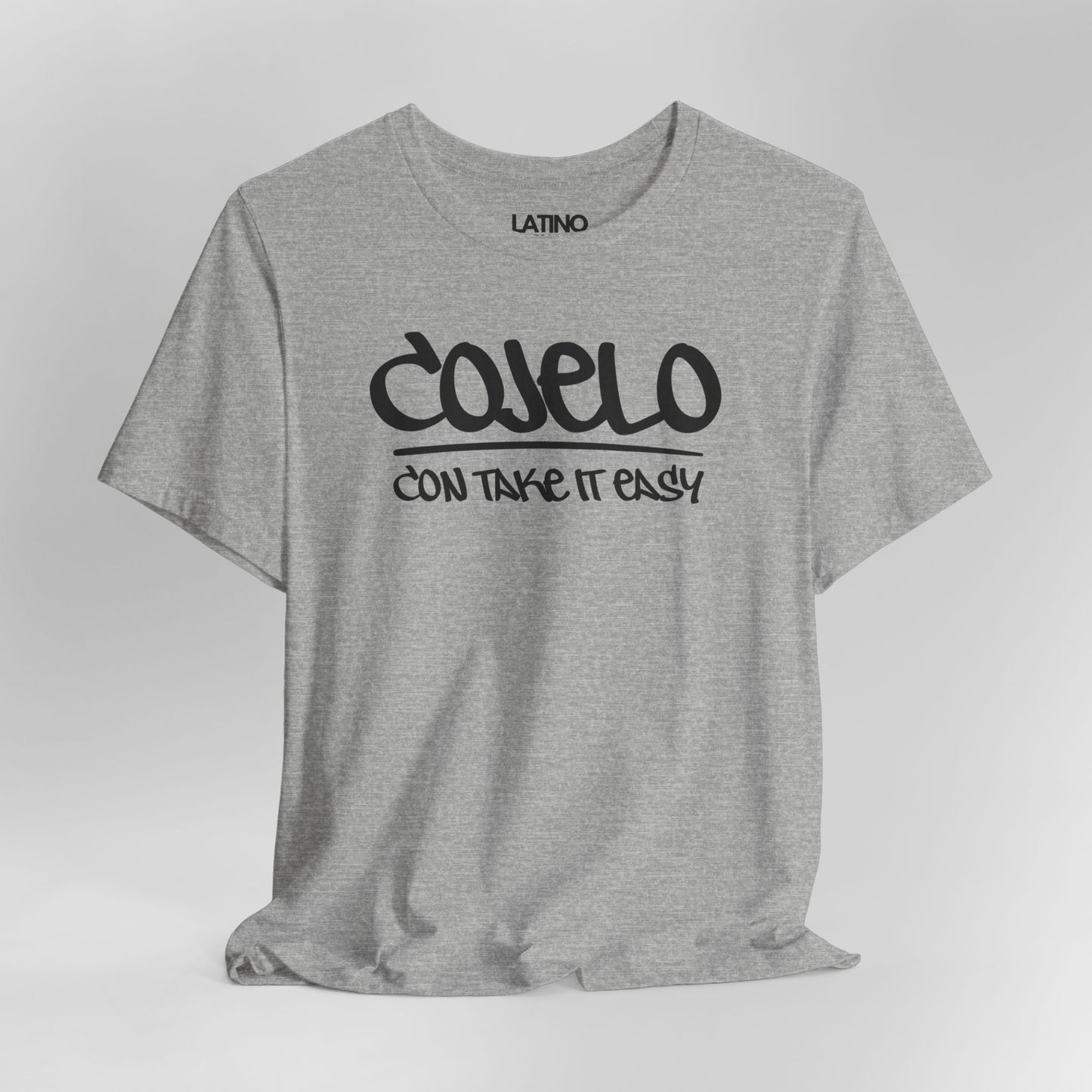 Close Up Cojelo Con Take It Easy t-shirt in heather grey with black graffiti lettering. Latino In Da House