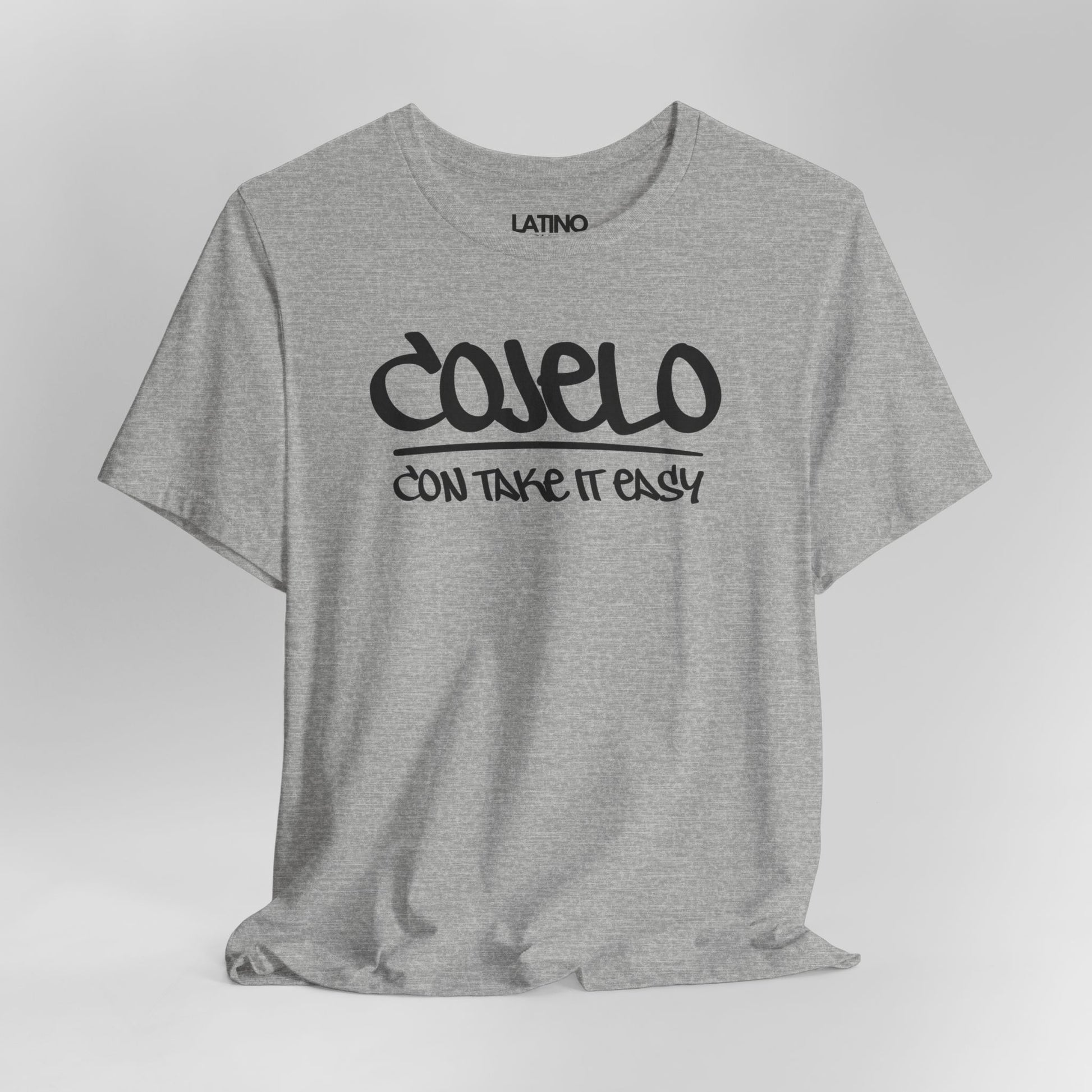 Close Up Cojelo Con Take It Easy t-shirt in heather grey with black graffiti lettering. Latino In Da House