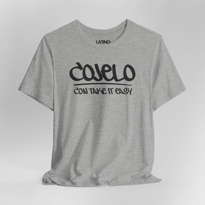 Close Up Cojelo Con Take It Easy t-shirt in heather grey with black graffiti lettering. Latino In Da House