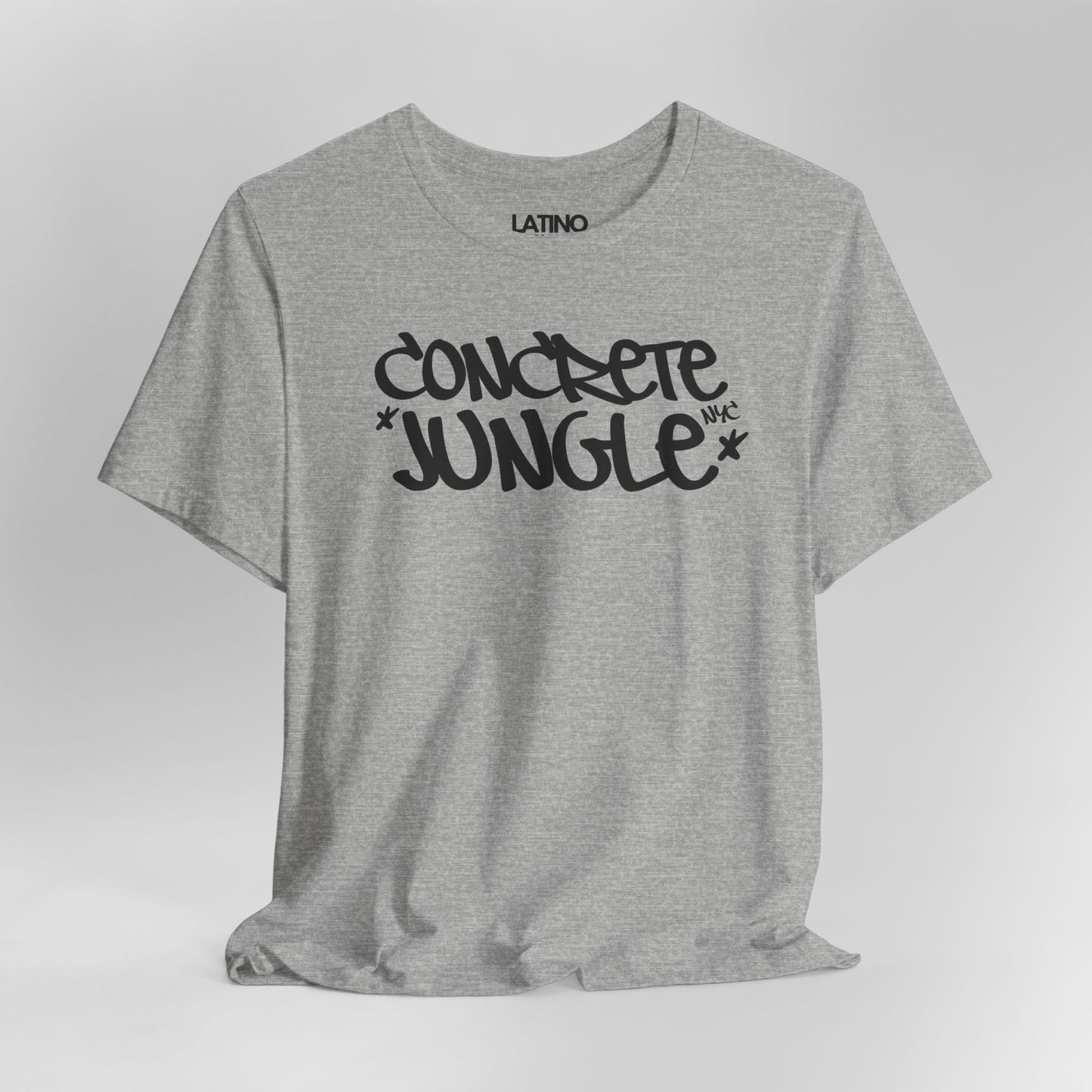 Close Up Concrete Jungle NYC t-shirt in heather grey with black print. Latino In Da House