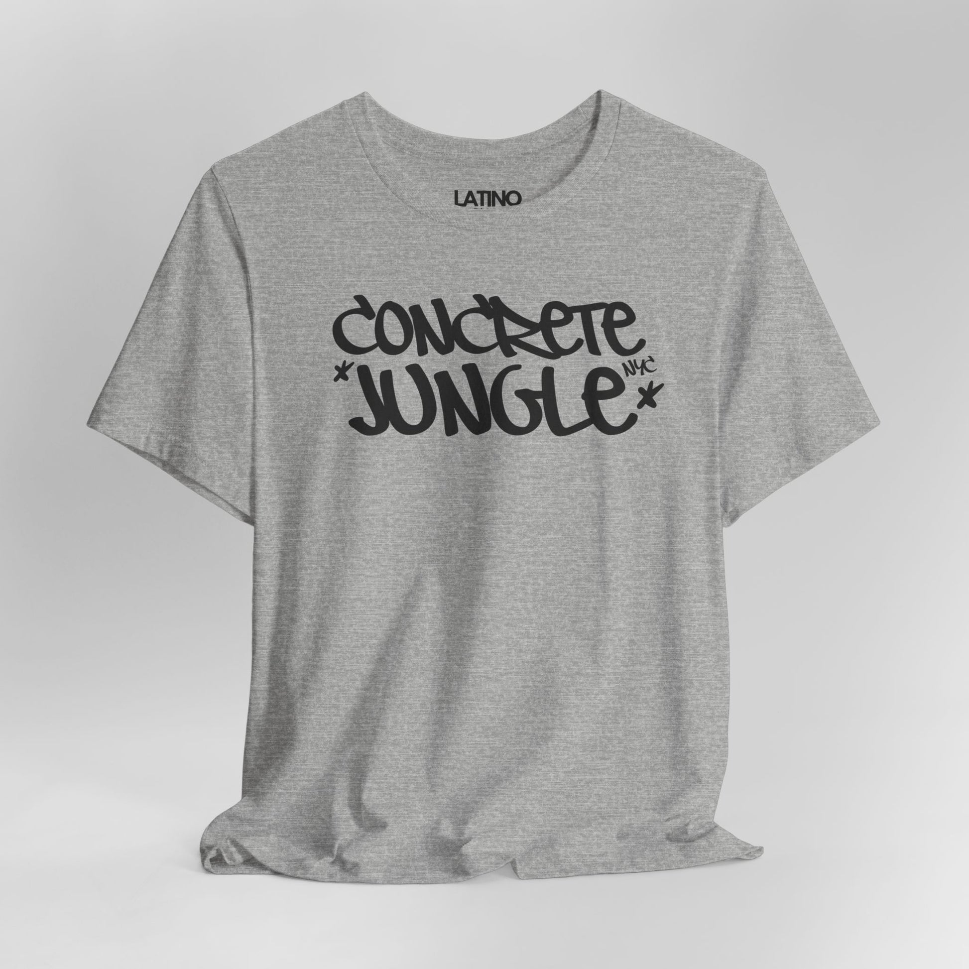 Close Up Concrete Jungle NYC t-shirt in heather grey with black print. Latino In Da House