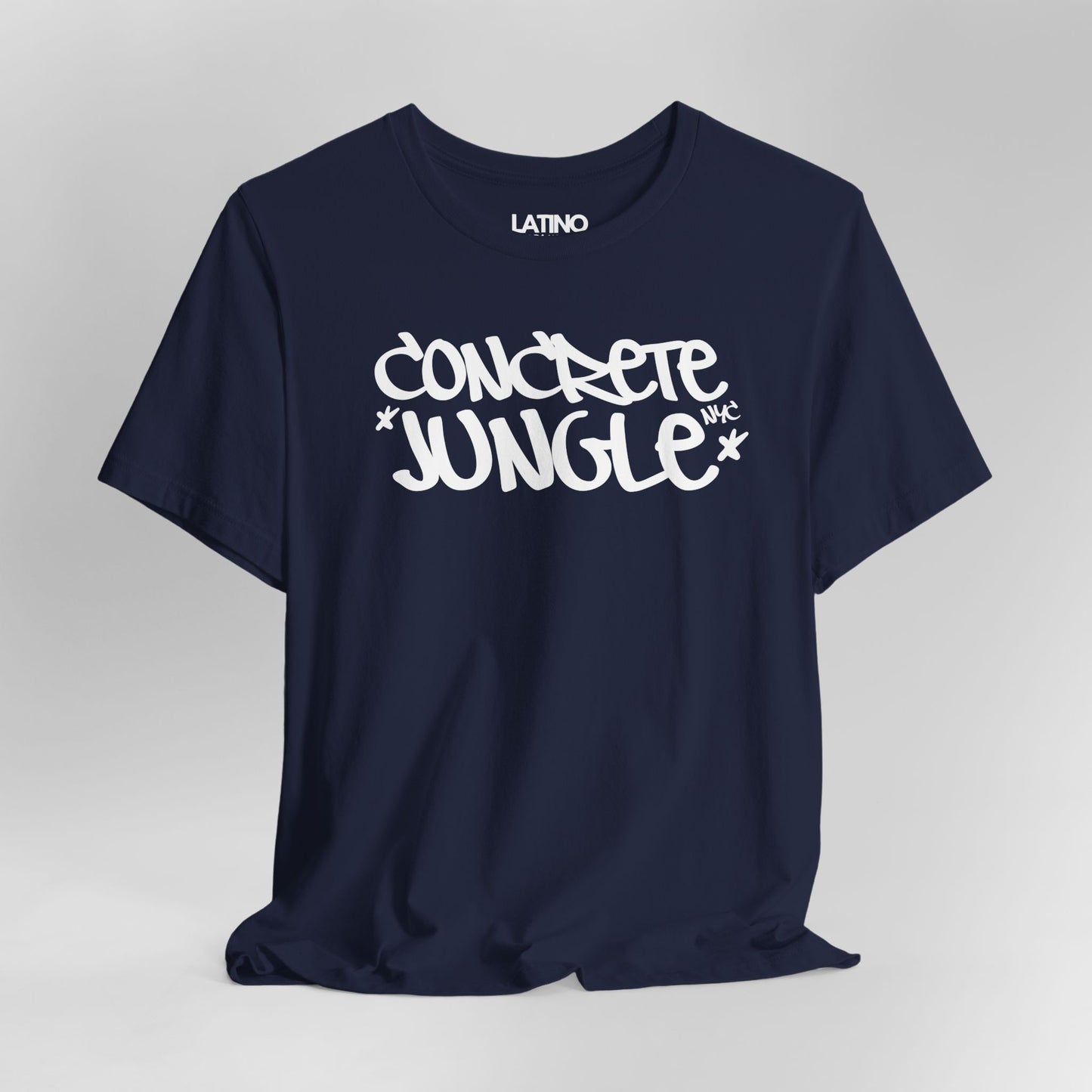 Close Up Concrete Jungle NYC t-shirt in navy with white graffiti lettering. Latino In Da House