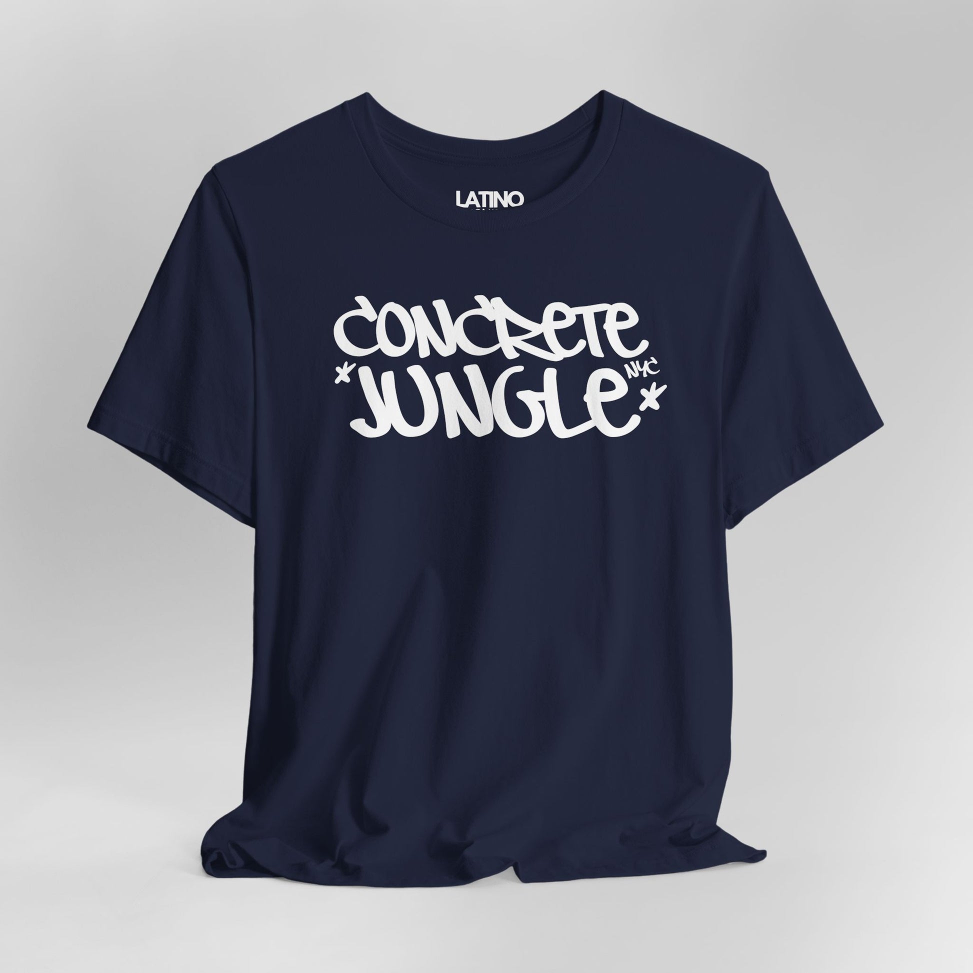 Close Up Concrete Jungle NYC t-shirt in navy with white graffiti lettering. Latino In Da House