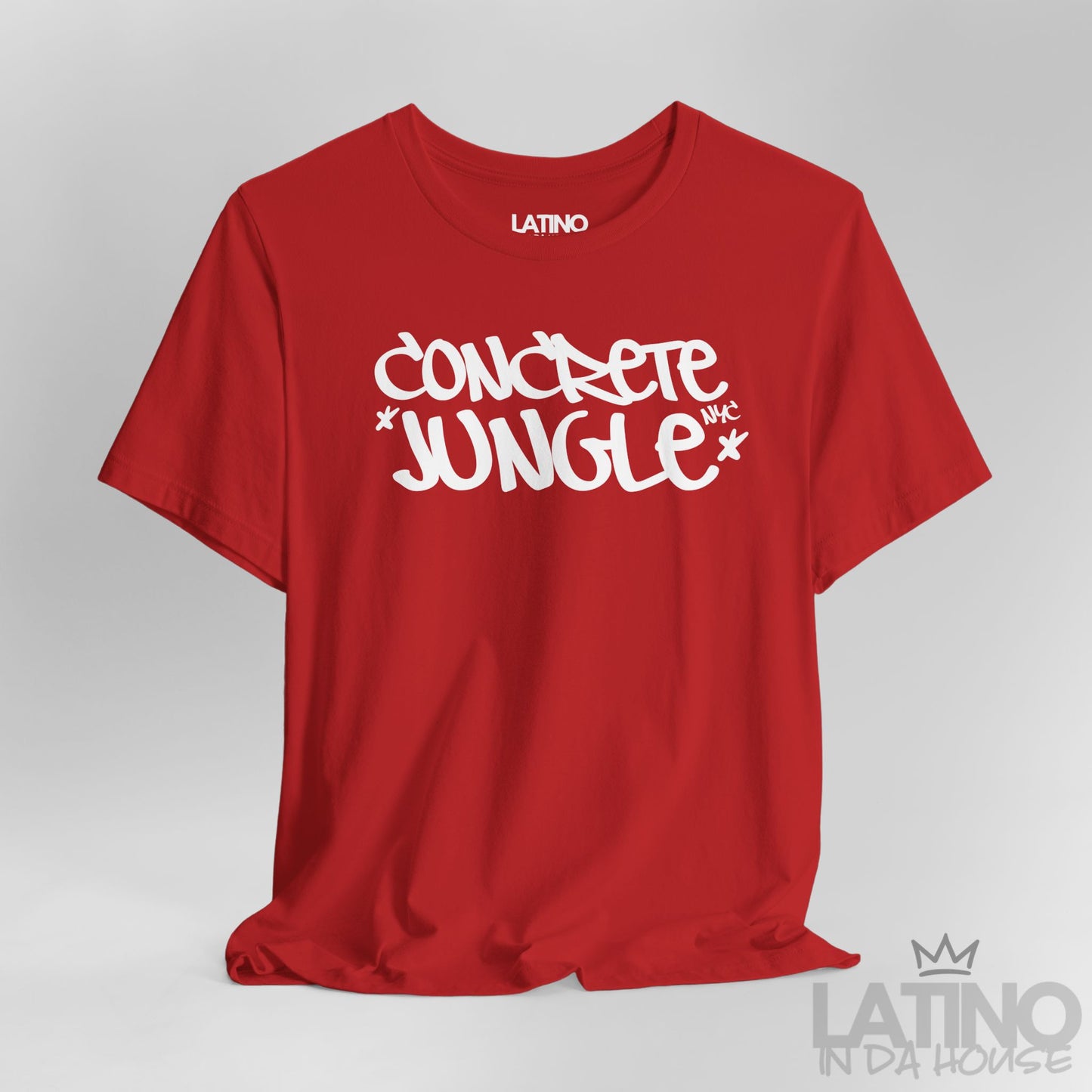 Concrete Jungle NYC t-shirt in red with white street-art text. Latino In Da House