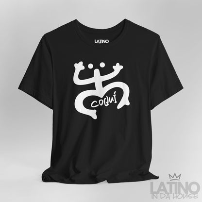 Close Up Black Coquí Taíno T-shirt with large white tribal Coquí graphic and handwritten Coquí text by Latino In Da House.