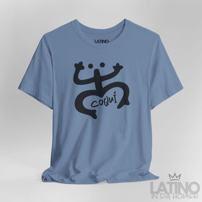 Close Up Steel blue Coquí Taíno T-shirt featuring bold black tribal-style Coquí design and handwritten Coquí text.