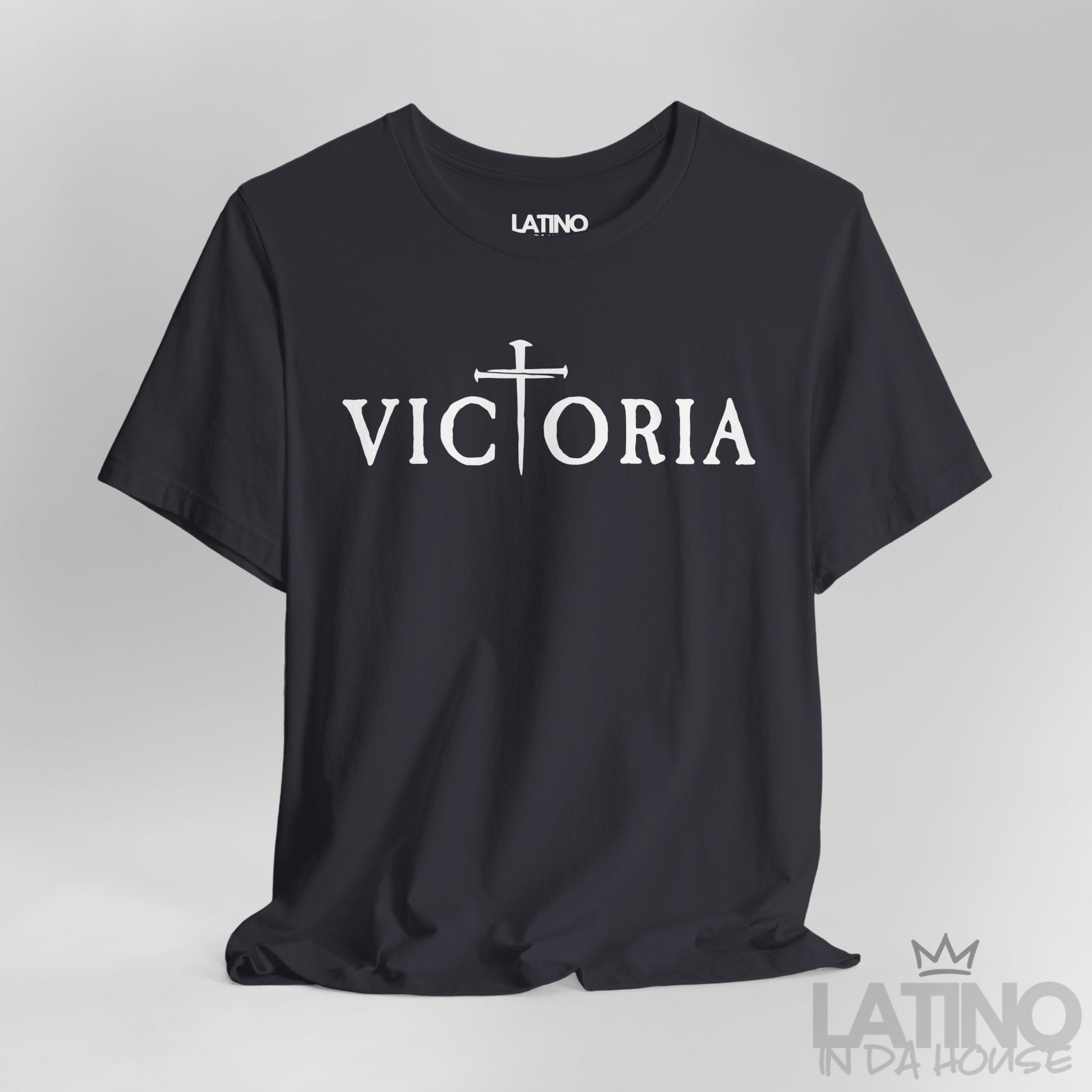 Close-up of Victoria Dark Grey T-Shirt showing gothic lettering and cross forming the T. Latino In Da House 