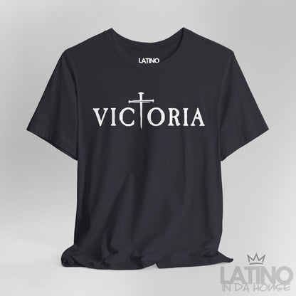 Close-up of Victoria Dark Grey T-Shirt showing gothic lettering and cross forming the T. Latino In Da House 
