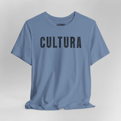 Close Up Steel Blue Cultura Latino distressed black tee. Latino In Da House