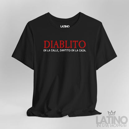 Close Up Diablito T-Shirt in Black – ‘En la calle, santito en la casa’ design by Latino In Da House