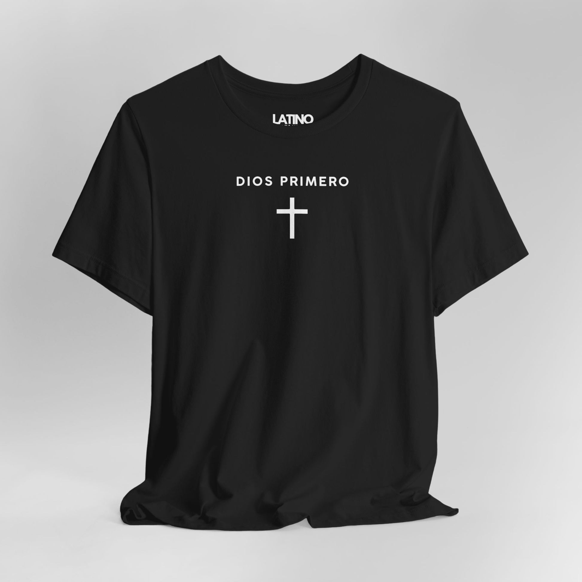 Close Up Dios Primero Faith Latino Minimalist Black T-Shirt. Latino In Da House