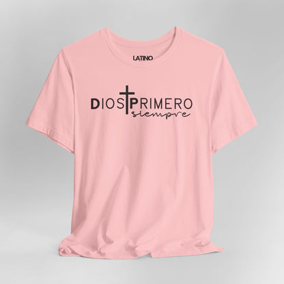 Close Up Dios Primero Siempre Cross Latino Faith Pink T-Shirt. Latino In Da House