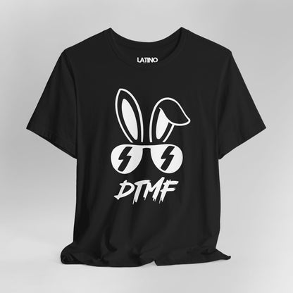 Close Up Black DTMF T-Shirt featuring bold bunny ears and lightning sunglasses design - Latino In Da House