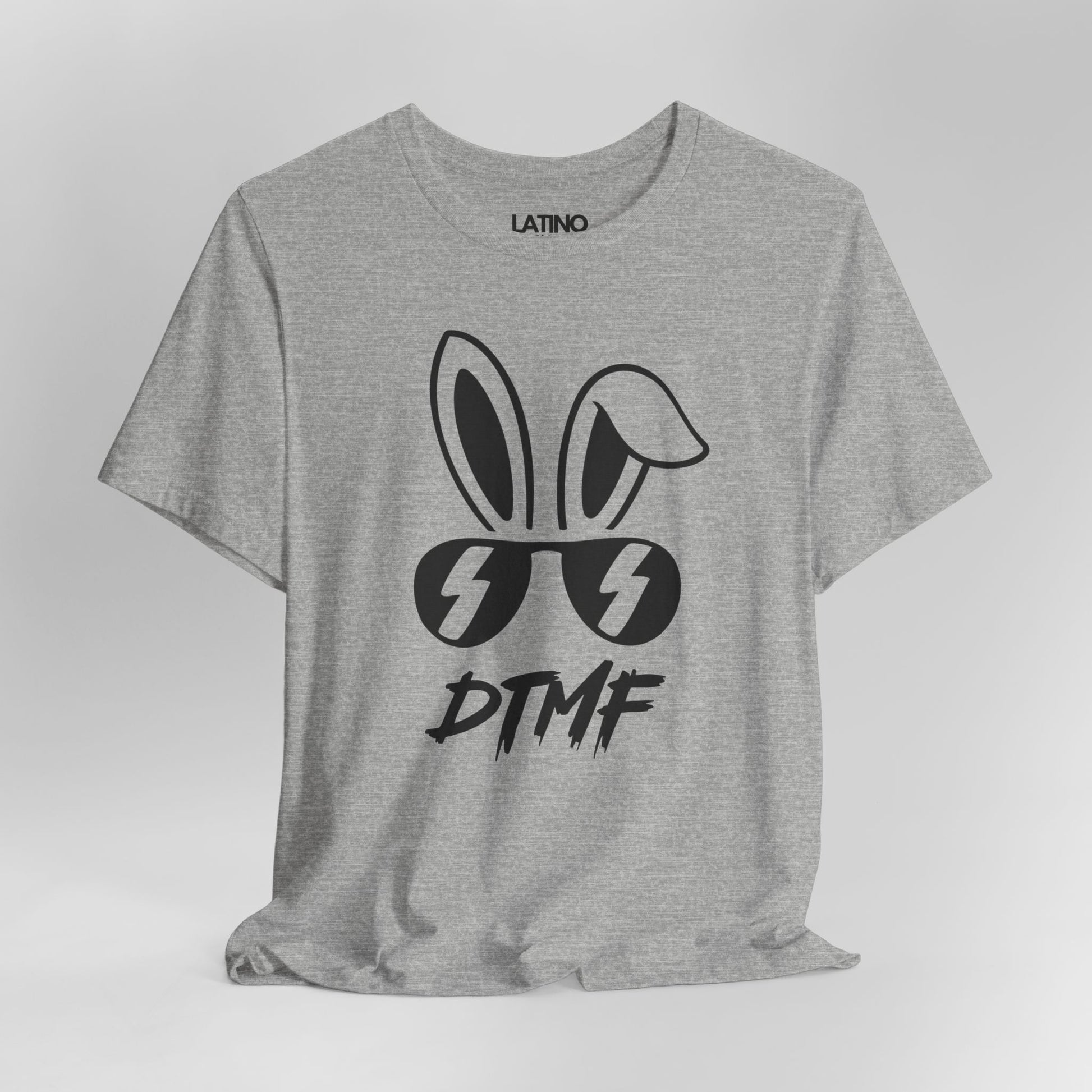 Close Up Heather Grey DTMF T-Shirt featuring bold bunny ears and lightning sunglasses design - Latino In Da House