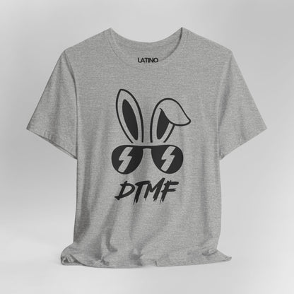 Close Up Heather Grey DTMF T-Shirt featuring bold bunny ears and lightning sunglasses design - Latino In Da House
