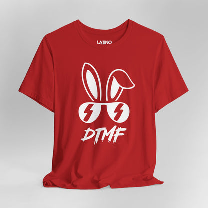 Close Up Red DTMF T-Shirt featuring bold bunny ears and lightning sunglasses design - Latino In Da House
